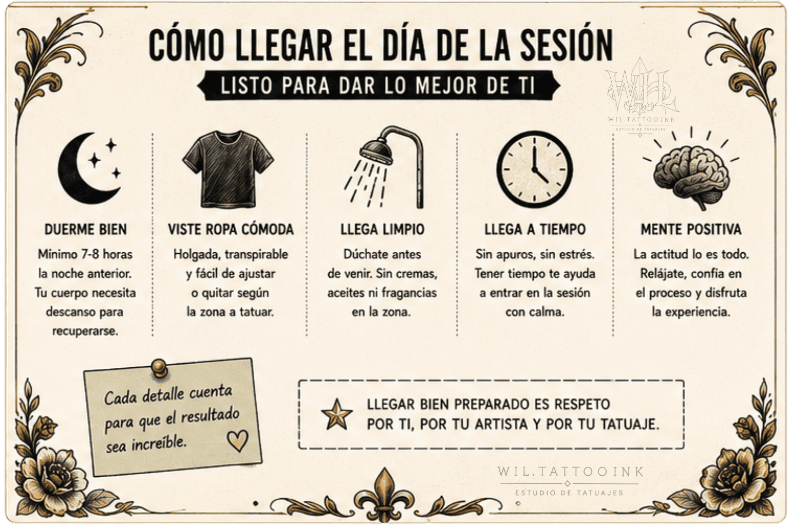 Cómo llegar preparado el día de tu sesión de tatuaje Consejos para llegar preparado el día de una sesión de tatuaje: dormir bien, vestir cómodo, llegar limpio y mantener una actitud positiva.