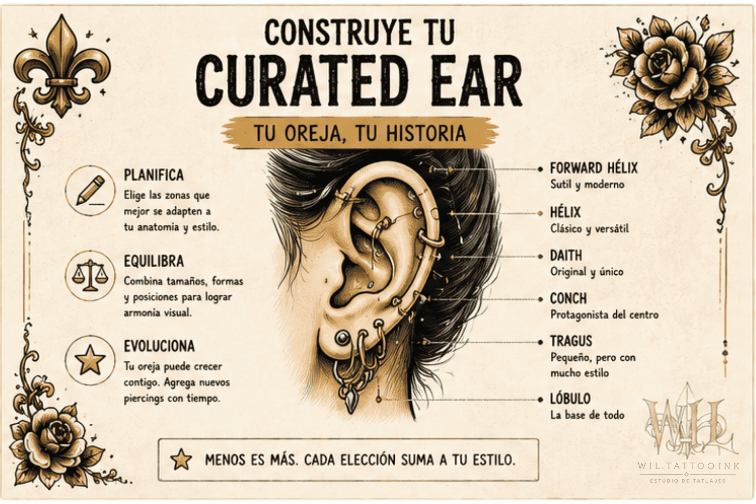 Construye tu curated ear combinando piercings en la oreja con armonía