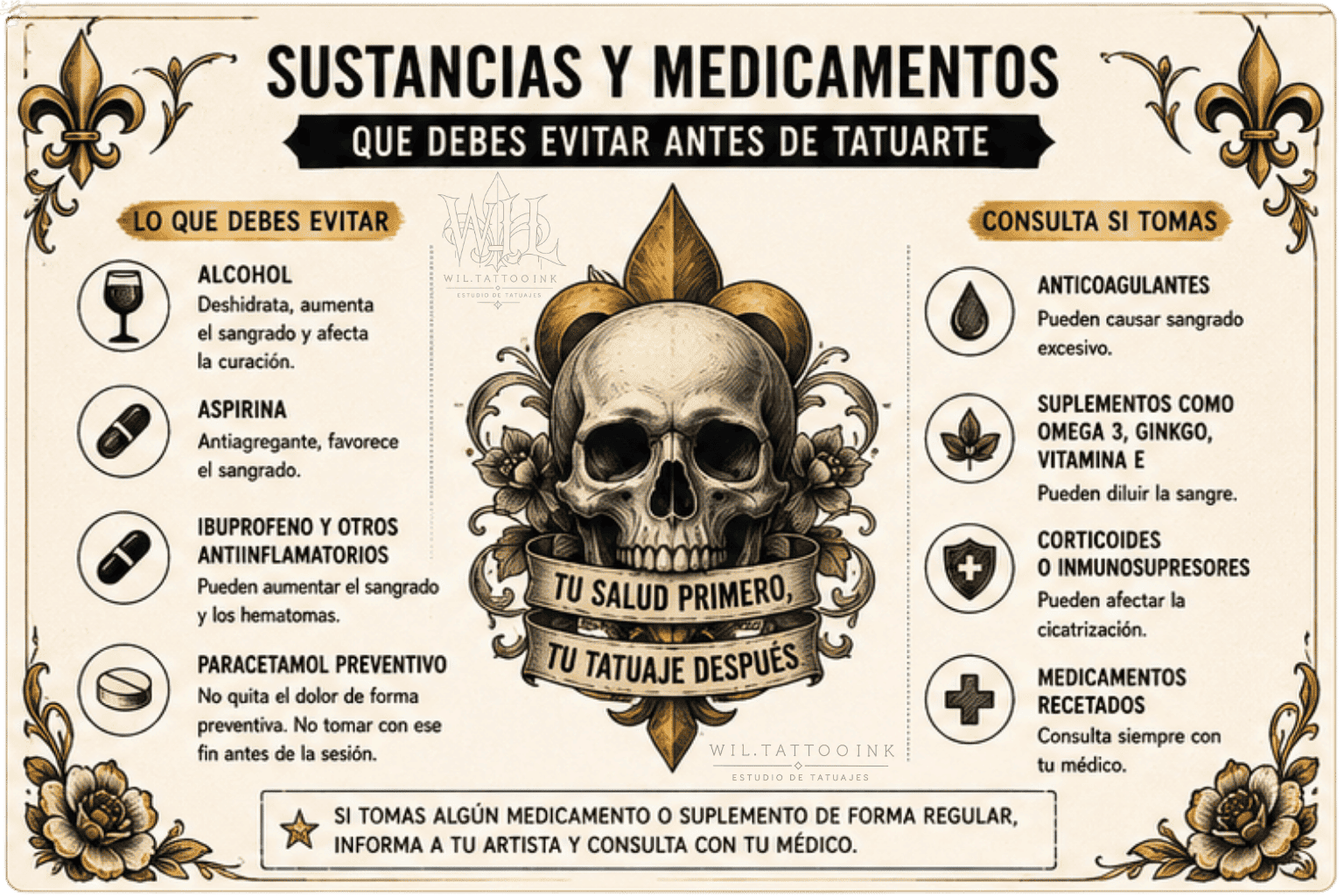 Sustancias y medicamentos que debes evitar antes de tatuarte Infografía sobre sustancias y medicamentos que debes evitar antes de tatuarte, incluyendo alcohol, aspirina, antiinflamatorios y suplementos.