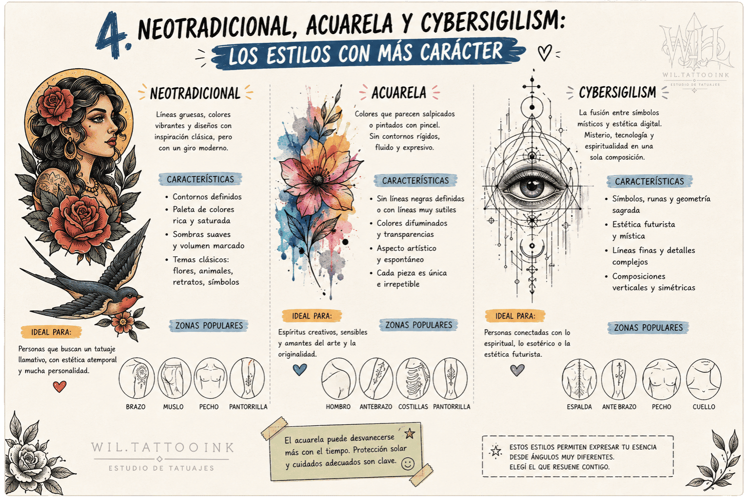 Tatuajes neotradicional acuarela y cybersigilismo con colores vivos y estilos creativos