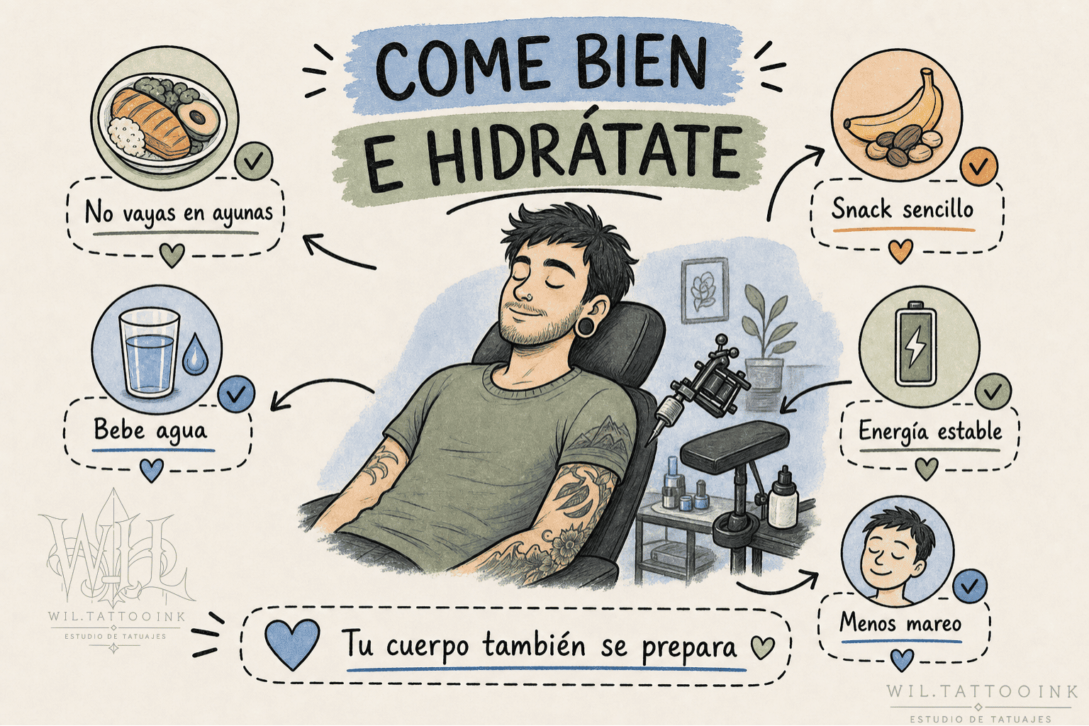 Qué comer y beber antes de un tatuaje para llegar con energía estable